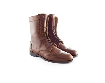 Women Handmade Combat Ankle Boots in Caramel Brown Leather
