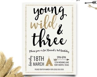 Young Wild and Three Invitations, Young Wild and Three Birthday, Young Wild and Three Party, Third Birthday Invitation, Printable Invitation