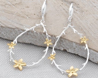 Handmade, Brushed Sterling Silver 925 and 9k Gold Plate Flower Blossom and Branch Drop Earrings