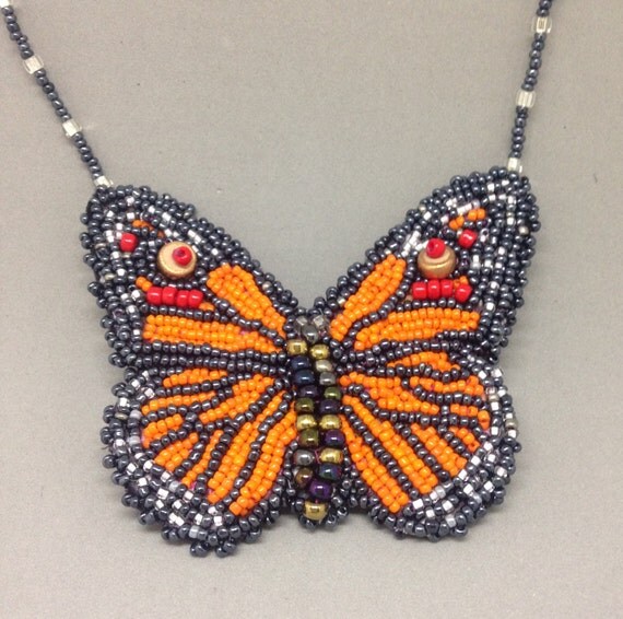 Bead embroidered monarch butterfly necklace with