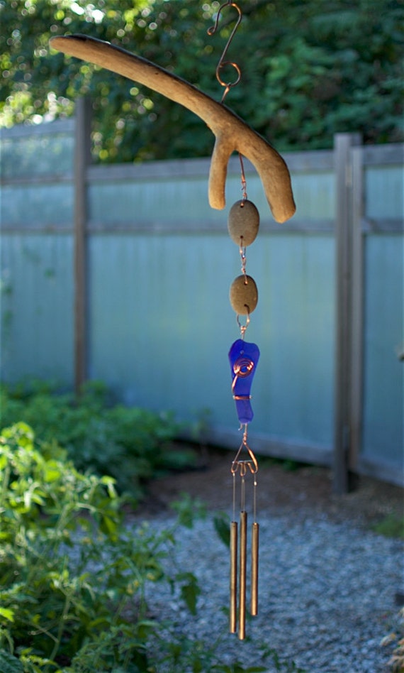 Wind Chime Natural Pacific Driftwood Beach Stone Cobalt Blue