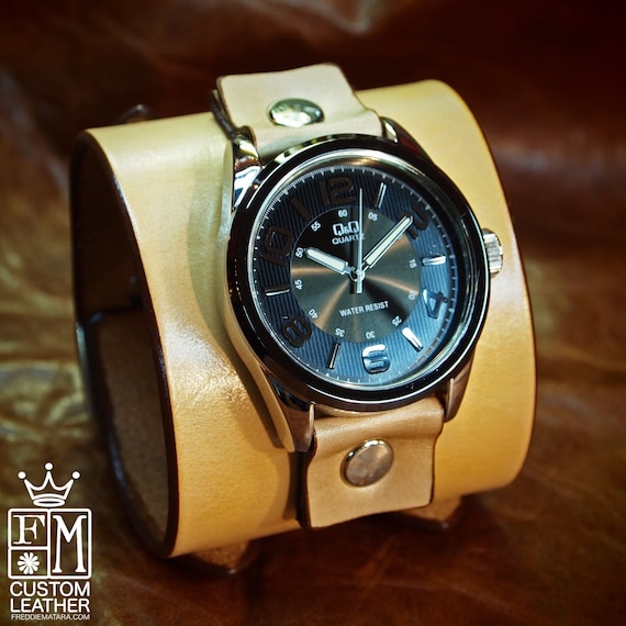 Leather cuff watch tan vintage style leather cuff bracelet Best quality Made for YOU in NYC by Freddie Matara!