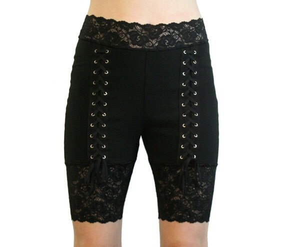 High-Waist Double Front Lace-Up Black Stretch Lace Shorts plus