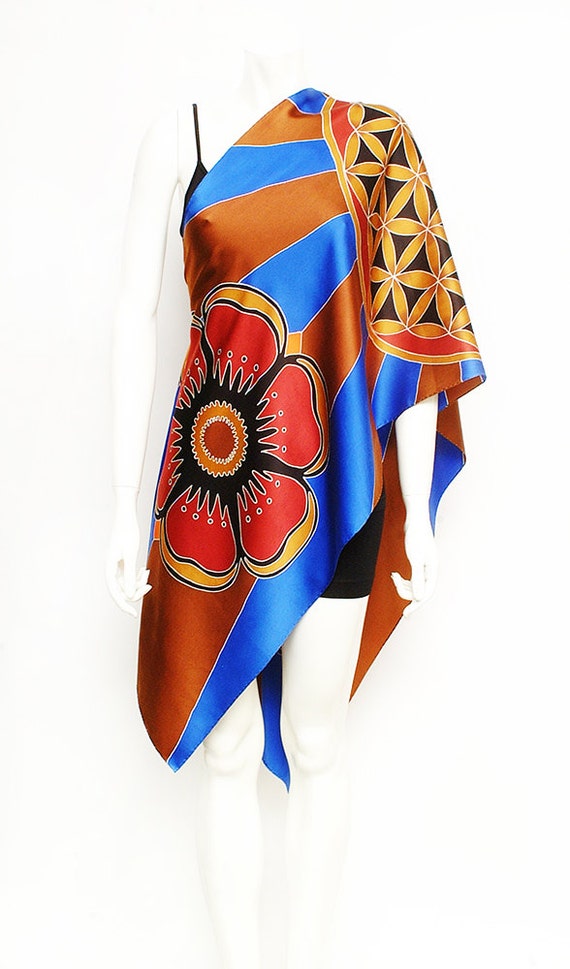 Hand Painted Silk Scarf with Flower of Life. Batik Hand painted on charmeuse silk. Size 21"x72".