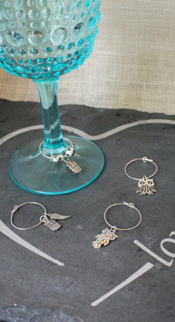 Set of 4 Owl Wine Glass Charms White Enamel Flowers Owl