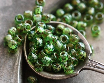 PERIDOT SEED BEAD No. 1 .. 95 Glossy Picasso Czech Glass Seed Beads Size 6 (4651-g)