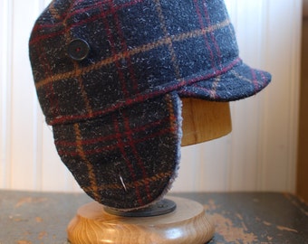 Woodsman XL: Earflap hat in charcoal, gray plaid ear flap hat, wool hat, winter hat, cadet with ear flaps, mens flaphat, womens winter hat