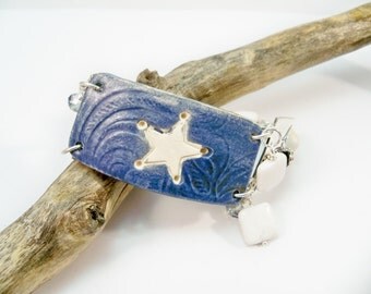 Texas Bracelet, Denim Blue Cuff Bracelet, Lone Star State, Texas Star, Rodeo Jewelry, Western Jewelry, Ceramic Cuff, Country Western