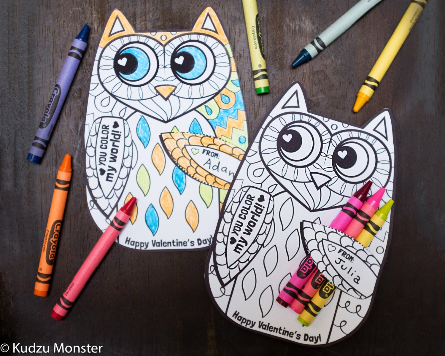 Owl Coloring Page Valentine with crayon holder. Cute unique