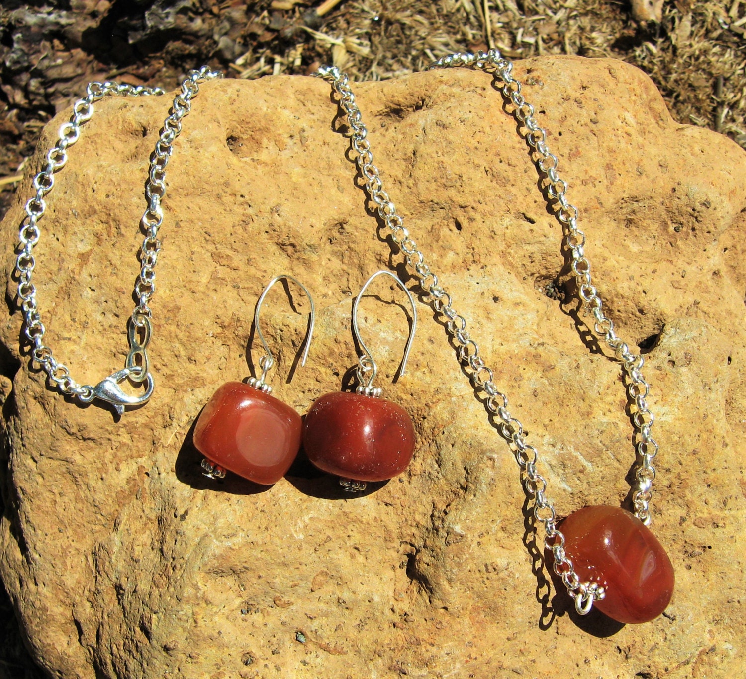 Carnelian Silver Necklace and Earrings Set by DipperJewelry