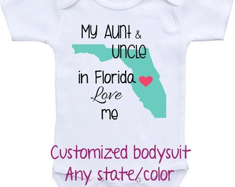 Customized bodysuit Any state / color. My Aunt and Uncle Love Me Onesies ® brand Bodysuit. Gift for niece. Aunt Onesie, I love my Aunt