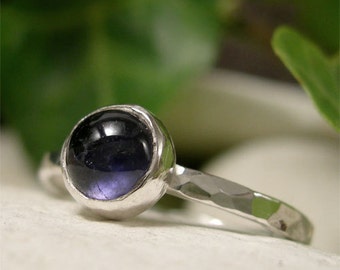 Iolite Ring, Dark Blue Stone Ring, Sterling Silver Stacking Ring, Bezel Set Solitaire Blue Cabochon Ring, Semi Precious Gemstone Jewellery