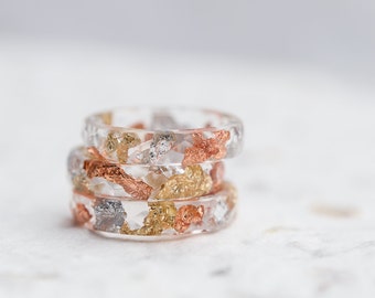 Tricolor Resin Stacking Ring Gold and Silver Flakes Transparent Ring OOAK rose gold boho minimal chic jewelry