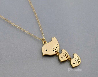 Mother bird necklace, Mama gift pendant necklace, Family jewelry small charm 1/2/3 baby birds, mom love kid, silver / gold, by B9studio