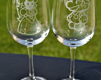 Super Mario Brothers Mario Princess Peach Inspired Etched Glasses Your Choice for Wedding Couple Toast by Jackglass on Etsy