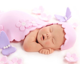 Baby Cake Topper with Blanket, Pink Flowers & Purple Butterflies Sugar Paste for Baby Shower by lil sculpture