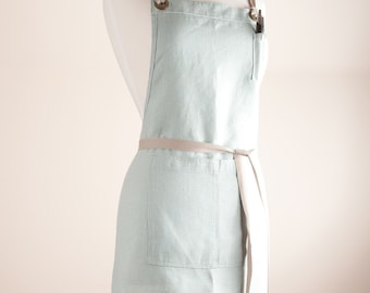 Linen Apron, Full Apron, Medium weight Natural Linen, Celadon color.