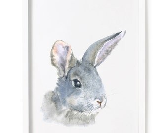 Nursery Woodland Art, Bunny Watercolor Print, Nursery Forest Decor, Rabbit Print, Woodland Nursery