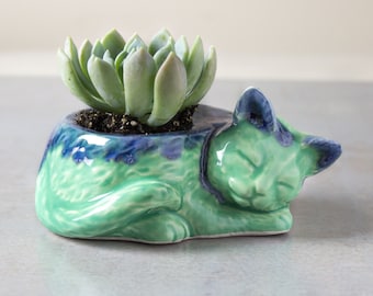 Kitty planter, ceramic no concrete succulent planter air plant mint green blue cactus plant pot cat lover gift desk decor accessory