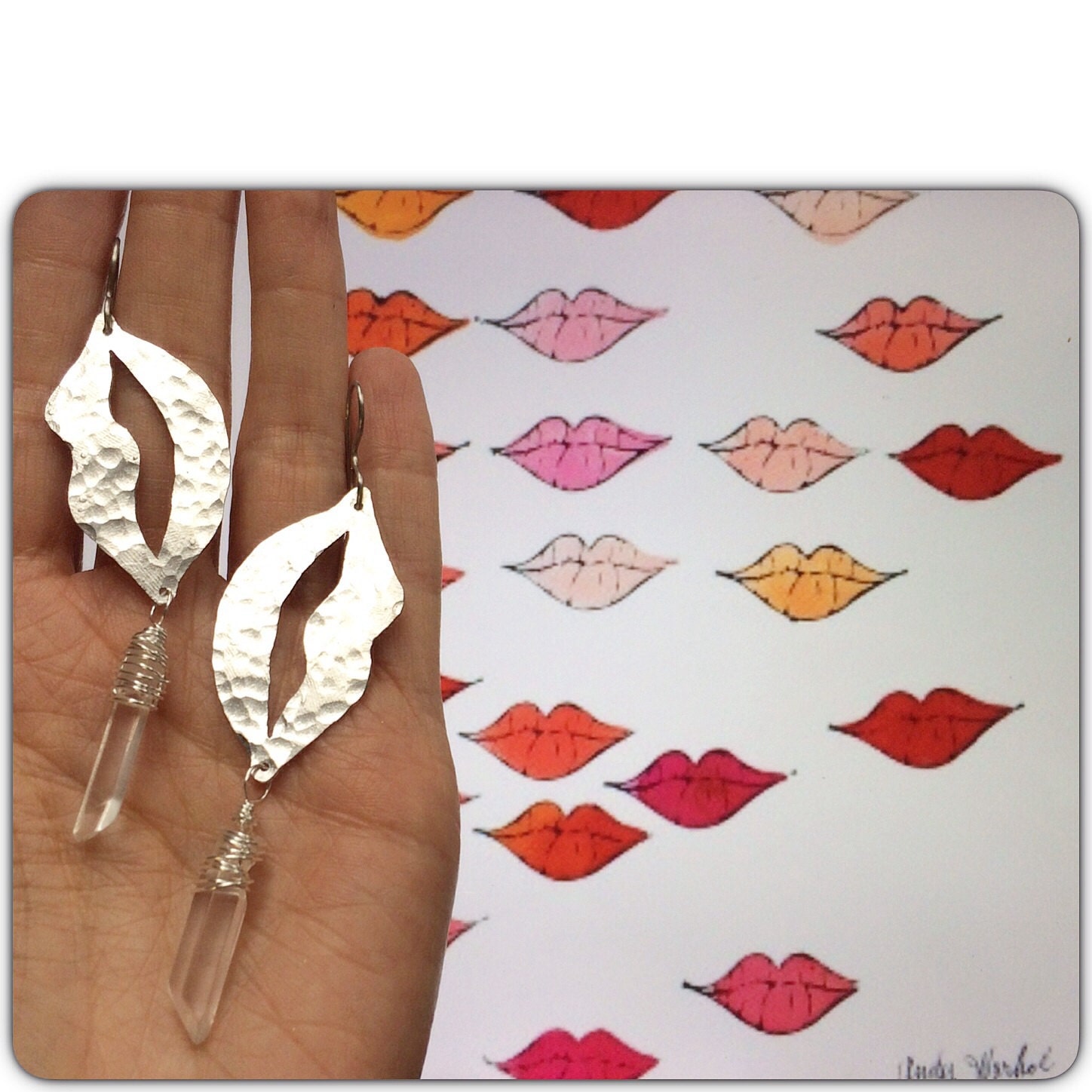 Lips earrings lip and crystal point dangle earrings kissing