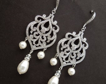Pearl Earrings Bridal Chandelier Earrings Wedding pearl earrings statement earrings cubic zirconia bridal earrings Swarovski earrings APRIL