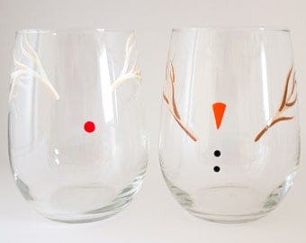 Frosty Friends Holiday Dinnerware - Hand Painted Wine Glasses - Frosty the Snowman - Rudolph the Red Nosed Reindeer - Christmas Party Favor