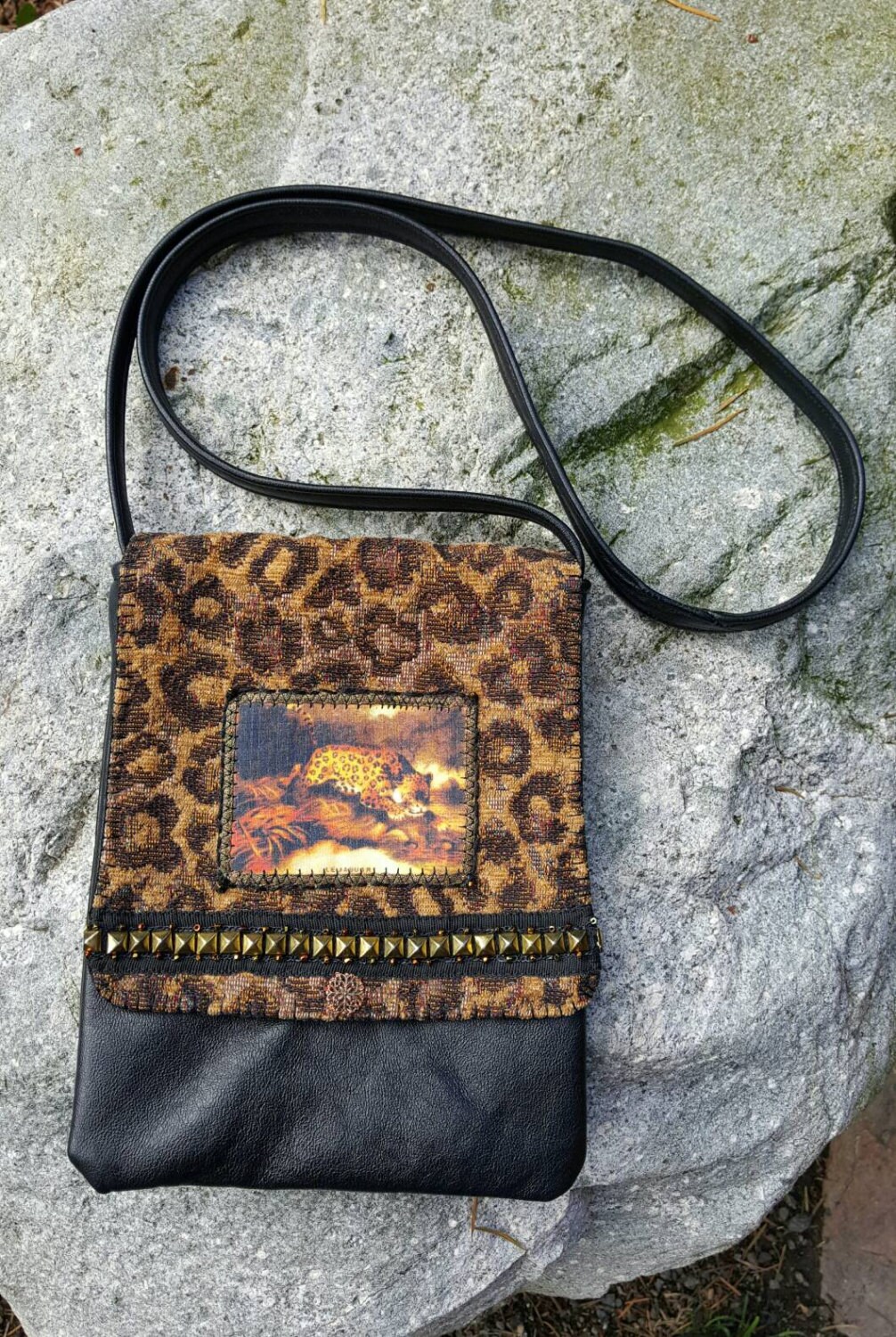 Handmade Purse Black Leather Jaguar Print Fabric Jaguar
