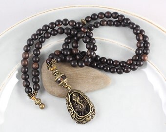 Ganesh Mala Necklace, Ebony Wood Mala, Gemstone Mala, Prayer Beads, 108 Mala Beads, Ganesh Mala, Yoga Style, Elephant Necklace, Yoga Jewelry