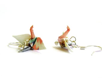 Tiny Origami Crane Earrings White and Peach 3/4"