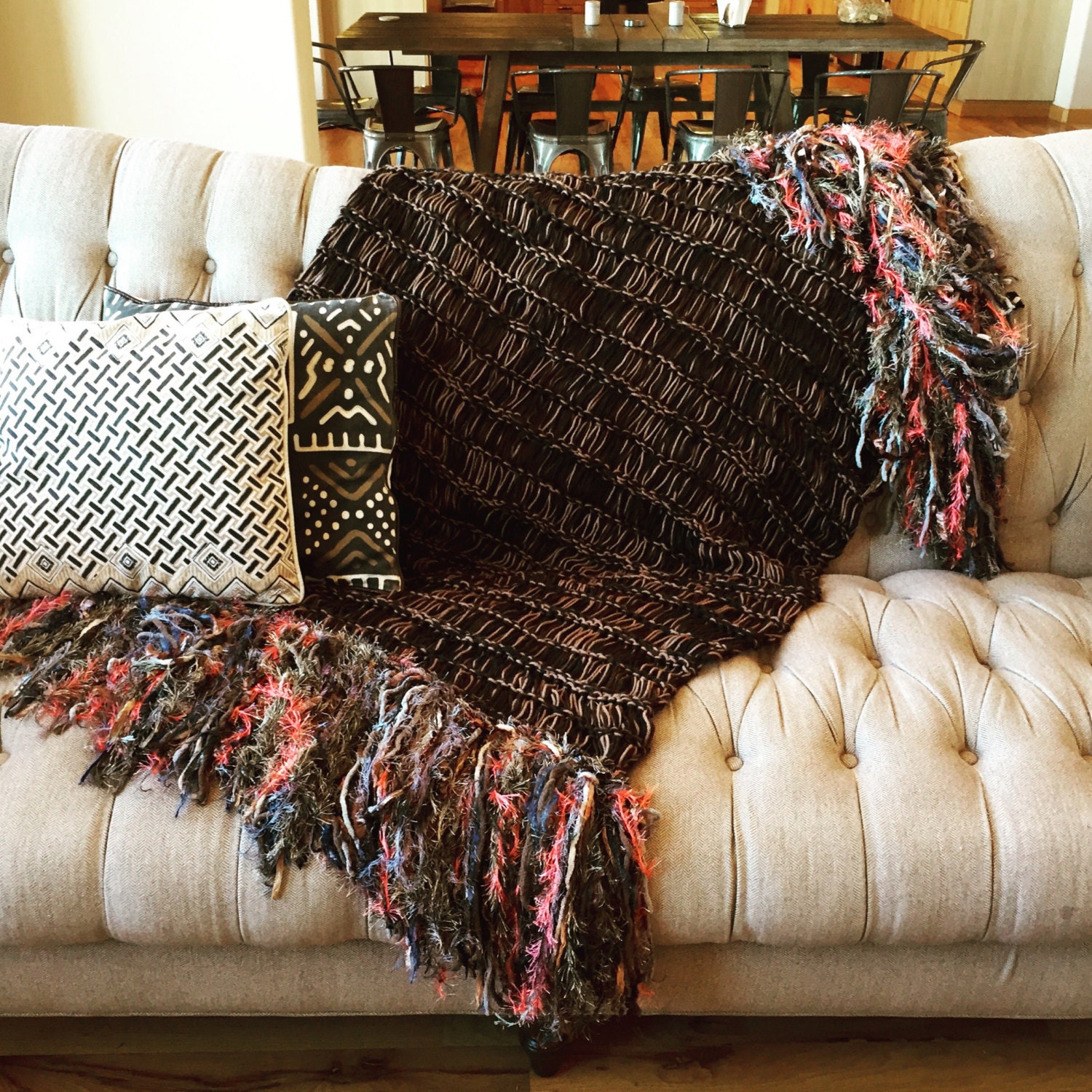 Afghan Throw Blanket. Brown Dark Brown Gold Black by CricketsHome
