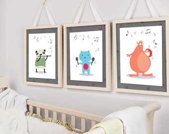 Music Nursery artworks | animal theme | 3 prints | baby's room | shower decoration | Gender Neutral