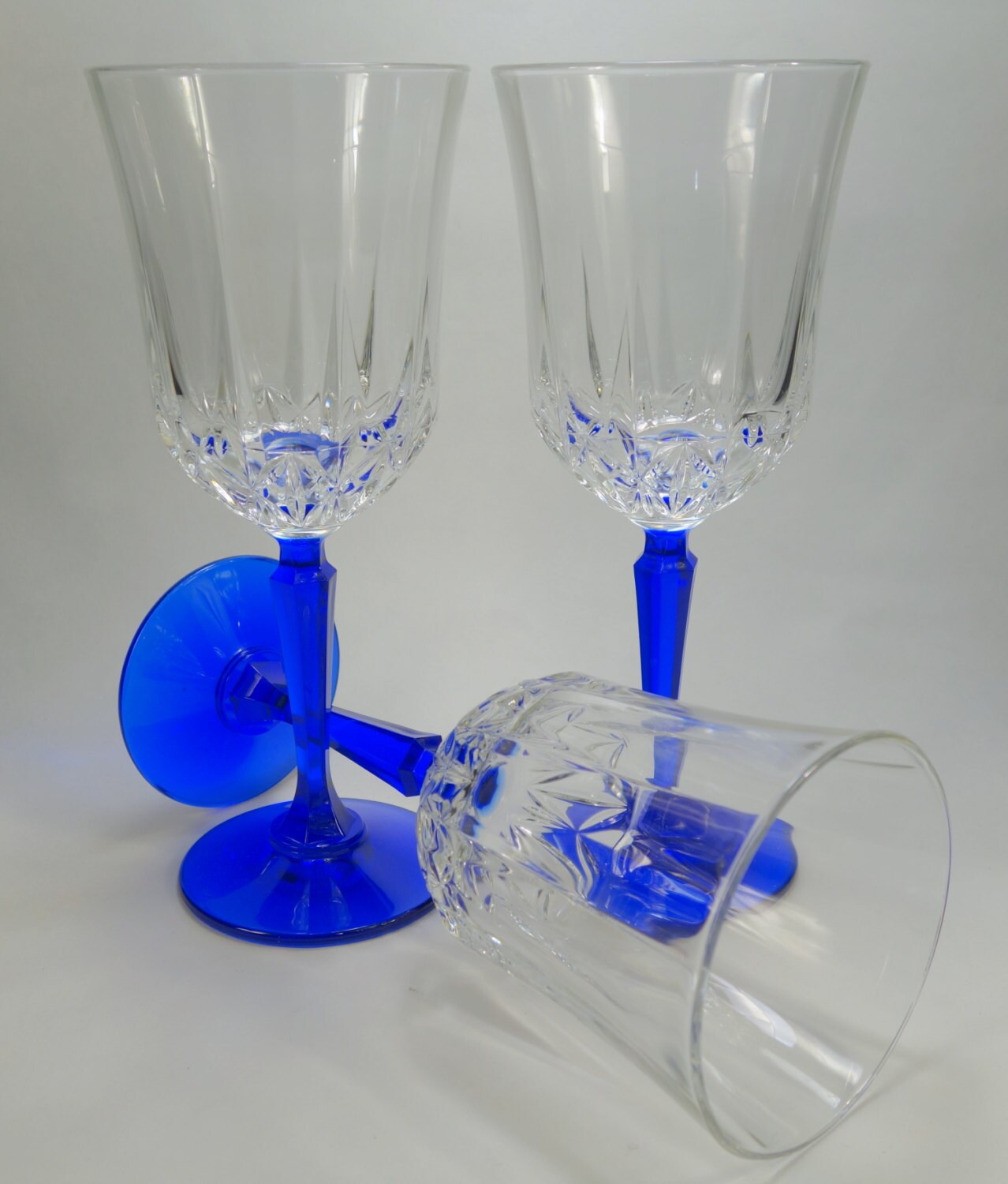 Cut Cobalt Blue Crystal Stem Glasses 18 Lead Crystal Deep