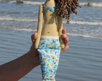 Rag doll Mermaid doll handmade fabric doll sea green turquoise softie plush cloth doll art doll mermaid - room decor doll, baby shower gift