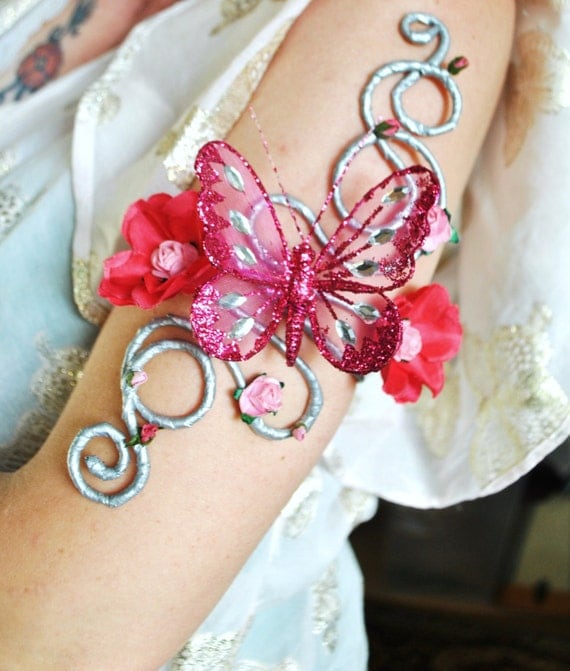 Butterfly upper arm cuff dark pink glitter butterfly & silver