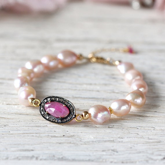 Ruby Pearl Bracelet - Diamond Pave Bracelet