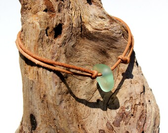 Hawaiian Aqua Beach Glass on India Leather Cord Completely Adjustable & Stackable Bracelet