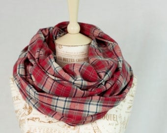 Red Plaid Infinity Scarf, Red Flannel Plaid Scarf, Girlfriend Gift Wife Gift, Circle Scarf Tartan Plaid Scarf, Womens Scarves Gift for Her