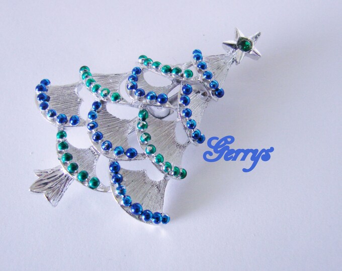 Vintage Gerrys Holiday Christmas Tree Brooch / Designer Signed / Blue Green Enamel / Green Rhinestone / Jewelry / Jewellery