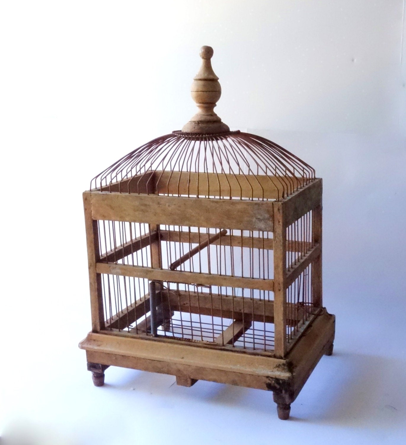 Vintage Bird Cage Rustic Wood Wire Finial Shabby by BeeHavenHome