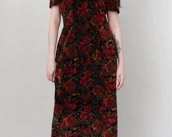 Vintage "Femme Fatale" Velvet Textured Rose Print Wiggle Dress - Floral Print Maxi Dress Sweetheart Neckline - Size M