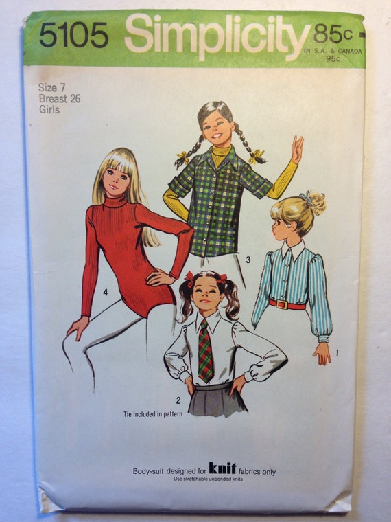 Vintage 70s Simplicity 5105 Sewing Pattern Girls Bodysuit Set of Blouses and Tie Size 7
