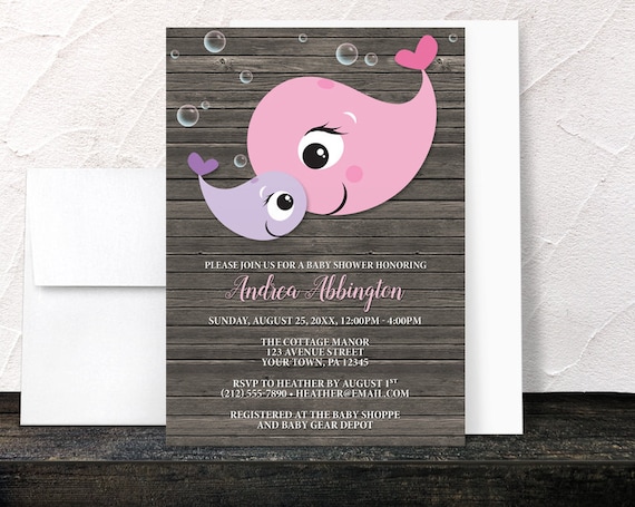 Whale Baby Shower Invitations Girl - Rustic Brown Wood Cute Mommy and Baby Whales in Pink and Purple with Bubbles - Printed Invitations Il_570xn