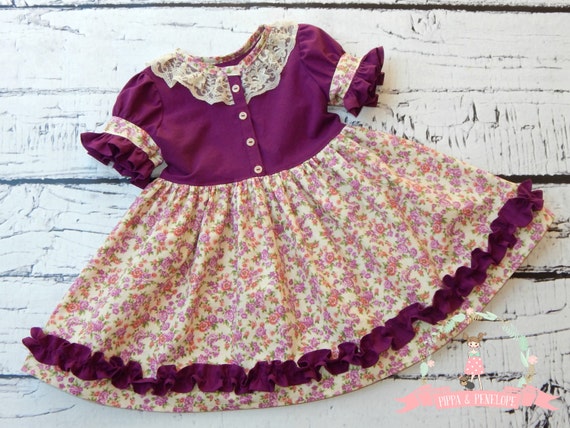 Little Girl Dresses, Fall Clothing, Little Girl Dress, Floral Dress, Plum Dress, OOAK, 5T