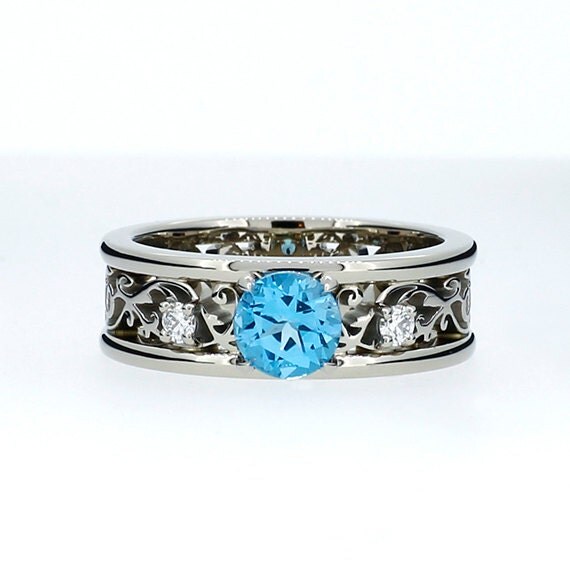 Wide Swiss blue topaz and diamond filigree engagement ring