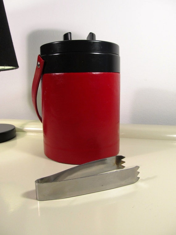 Vintage Retro Ice Cube Bucket with Tongs and Lid Fauxleather