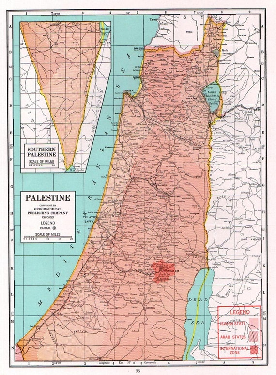 1947 Palestine Map Jewish State Arab States International Zone