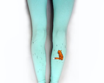 Funky women leggings, gift for her, painted fox leggings, mint leggings, street style, fox print