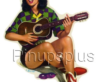 Pinup Record Girl Classic Guitar Waterslide Decal As Seen On