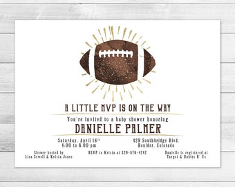 Football Baby Shower Invitation, Boy Digital Printable Invite Vintage, Watercolor, Gold