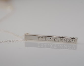 Vertical 3D sterling silver bar necklace. Personalized